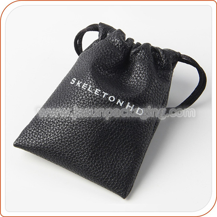 small black leather drawstring pouch bag for